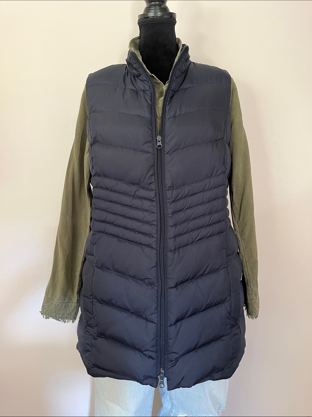 J. Jill Long Quilted Puffer Vest, size L, navy, down filled